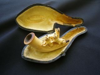 Rare 1800 ' s Meerschaum Pipe Bowl With Three Bulldogs & Case 5