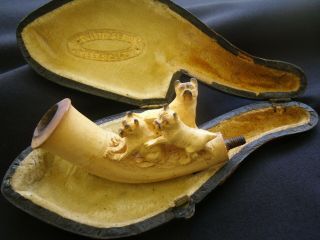 Rare 1800 ' s Meerschaum Pipe Bowl With Three Bulldogs & Case 6