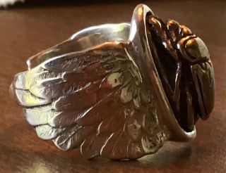 Rare Modernist Han Zup Egyptian Revival Winged Scarab Sterling Gf Ring Size 9