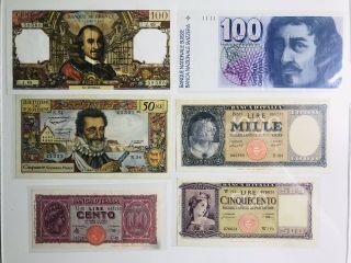 6 X Notes,  Inc Switzerland 100 Francs Ef,  France,  Italy / Rare /