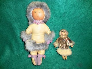 2 Rare Very Old Handmade Authentic Inuit Eskimo Dolls.  Real Fur
