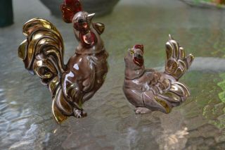 Rare Kay Finch California Pottery Rooster And Chicken Brown W/gold