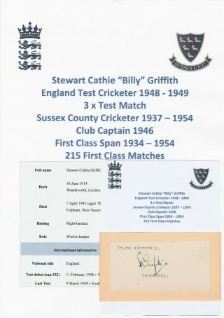 Billy Griffith England Test Cricketer 1948 - 1949 Rare Autograph