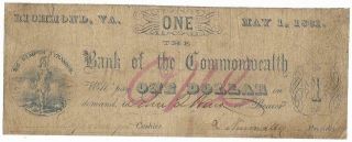 Csa Rare Commonwealth Bank Of Richmond,  Va,  $1.  00 Note,  May 1,  1861,  Good