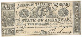 Rare Csa State Of Arkansas,  $10.  00 Treasury Warrent,  Cr54 Issued 4/11/62,  Plt D