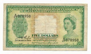 1953 Malaya & British Borneo $5 5 Dollars Note P.  2 Qeii Fine & Rare