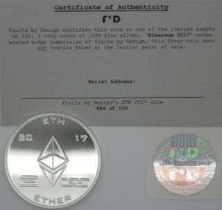 Ethereum 2017 RARE.  999 Silver Physcial Bitcoin 84/100 Unfunded Cryptocoin DIY 3