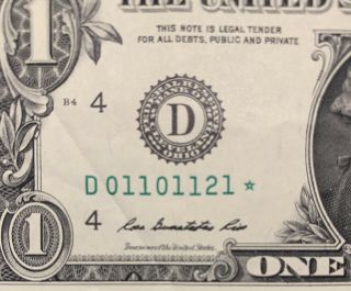 2013 D Series $1 One Dollar Bill Fancy Trinary Rare Star Note Frn Us Cool