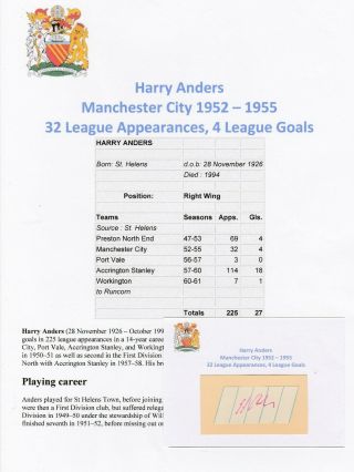 Harry Anders Manchester City 1952 - 1955 Rare Autograph Cutting/card