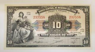 Peru 10 Soles 1947 Banknote Unc Rare