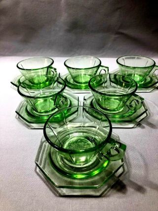 Vintage & Rare Us Glass Green Depression Art Deco 6 Cups 6 Saucers Uranium