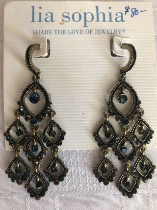Lia Sophia Chandelier Earrings Antique Gold Blue Green Topaz Colored Accent Rare