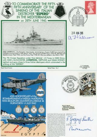 2 Rare Fdcs Royal Navy Ww2 Italian Destroyer Sunk & North Africa Dso Dsc Signed