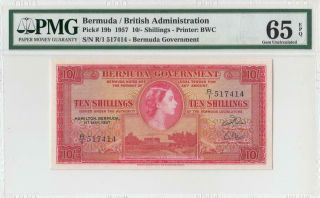 1957 British Colony Bermuda 10 Shillings Qeii Rare ( (pmg 65 Epq))