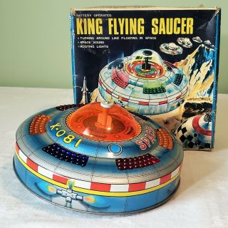 Early Yoshiya Japan Tin Litho B/o King Flying Saucer Action Toy 60 