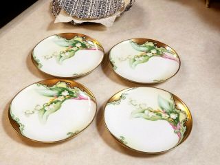 Rare Old Abbey Limoges France 4 Round Plates Gold Gild Lily Of The Valley Decor