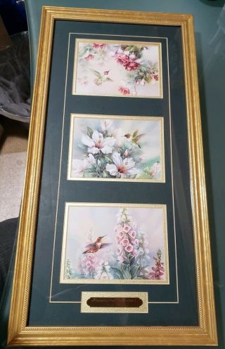Rare Lena Liu Framed Matted & Plaque 3 Fine Art Prints Hummingbird W/flowers