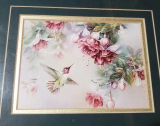 Rare Lena Liu Framed Matted & Plaque 3 Fine Art Prints Hummingbird W/Flowers 2