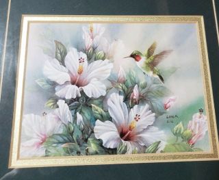 Rare Lena Liu Framed Matted & Plaque 3 Fine Art Prints Hummingbird W/Flowers 3