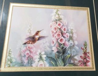 Rare Lena Liu Framed Matted & Plaque 3 Fine Art Prints Hummingbird W/Flowers 4