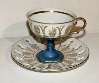 Rare Capodimonte Blue & Gold Footed Cup & Saucer Set Stamped N 2513