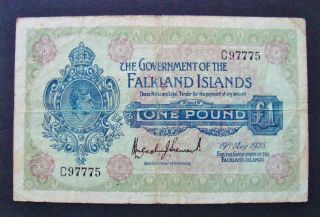 Rare 1938 Falkland Islands 1 Pound Banknote Pre - Ww Ii Circulated