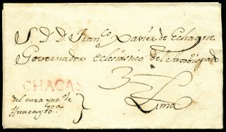 013 Peru Pre - Stamps Chacas 1r (rrr).  Cover.  1829.  Mark " Chacas " Very Rare.