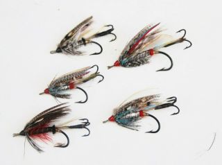 5 Rarely Seen Vintage Gut Eyed Salmon Flies Size 1 With Flying Treble Hooks