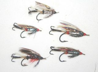 5 rarely seen Vintage Gut eyed Salmon flies size 1 with flying treble hooks 3