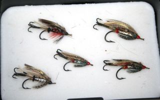 5 rarely seen Vintage Gut eyed Salmon flies size 1 with flying treble hooks 5