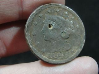 Rare 1847 Us Large Cent One Penny Coin Dug Hole In Coin Braided Hair