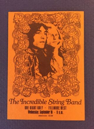 Mid - Week Concert Ticket The Incredible String Band 1969 Fillmore West Ca Rare