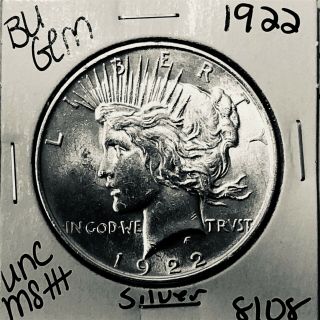 1922 P Bu Gem Peace Silver Dollar Unc Ms,  U.  S.  Rare Coin 8108