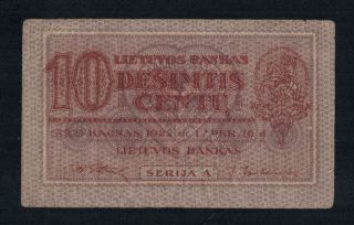 Lithuania P10a: 10 Centu Banknote From 1922 Very Rare