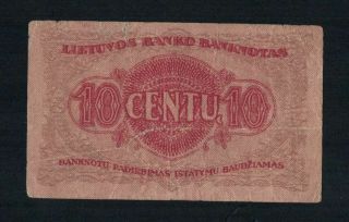 LITHUANIA p10a: 10 CENTU BANKNOTE FROM 1922 VERY RARE 2