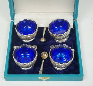 Rare Cobalt Blue Glass Silverplate Salt Cellars Spoon Caviar Bowl Raimond Japan
