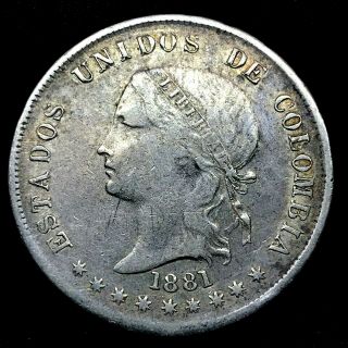 Colombia : 1881 5 Decimos Silver - Bogota - Rare Coin Km 177.  1