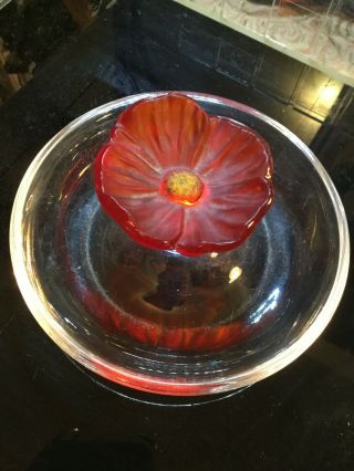 Rare Vintage Daum Signed Cactus Flower Deep Red Bottom,  Jewelry Dish