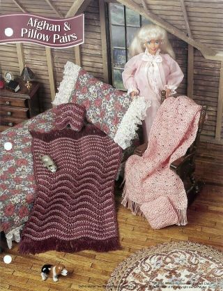 Afghan & Pillow Pairs Fit Barbie Doll Crochet Pattern Leaflet Rare