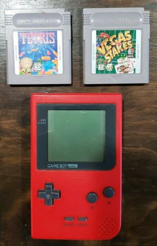 Game Boy Pocket Red Nintendo Mgb - 001 Vintage Rare Tetris And Vegas Stakes