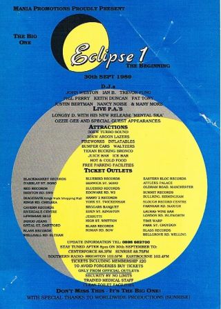 Eclipse 1 Rave Flyer Flyers 30/9/89 A5 Rare Acid House Illegal