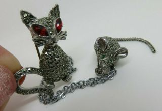 Vintage 1950s Sphinx Cat & Mouse Brooches On Chain Marcasite Red Eyed Cat Rare