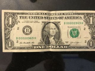 2013 One Dollar Bill 00000969 Repeater Fancy Serial Number Rare U.  S.  Currency