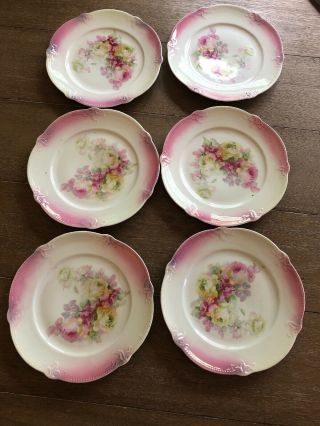6 Gorgeous Rare Antique Wheelock - Germany - Pink Roses Plates - 7 1/2 " Diameter