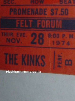 THE KINKS 1974 Concert Ticket Stub FELT FORUM MADISON SQUARE GARDEN Rare NYC 3