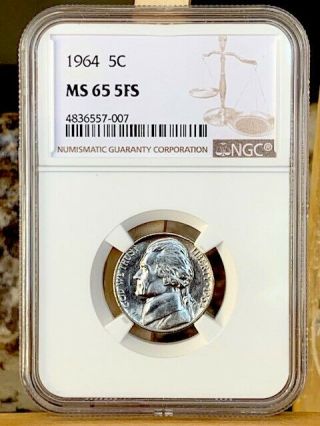1964 - P Jefferson Nickel Ngc Ms 65 5fs Rare -