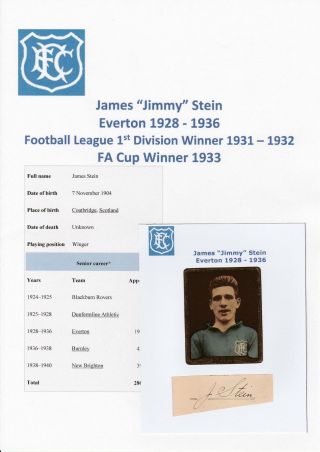 Jimmy Stein Everton 1928 - 1936 Fa Cup 1933 Winner Extremely Rare Autograph