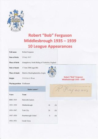 Bob Ferguson Middlesbrough 1935 - 1939 Very Rare Signed Cutting/card
