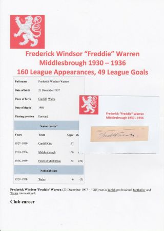 Freddie Warren Middlesbrough 1930 - 1936 Rare Hand Signed Cutting/card