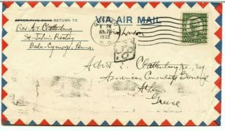 10c Airmail To Athens Greece 1932 Rare Destination W/receivers Cover Canada